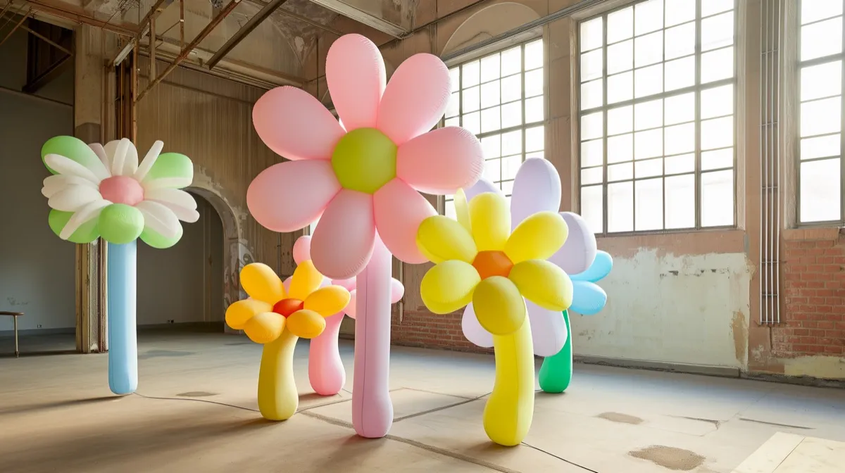 Oversized inflatable flowers filling a bare warehouse.