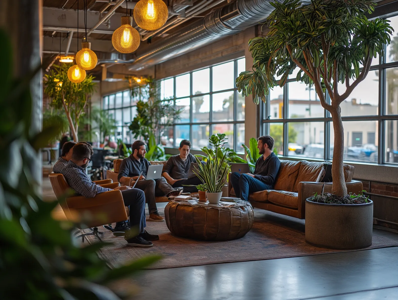 The studio's open-plan office, lit by hanging lamps and full of plants