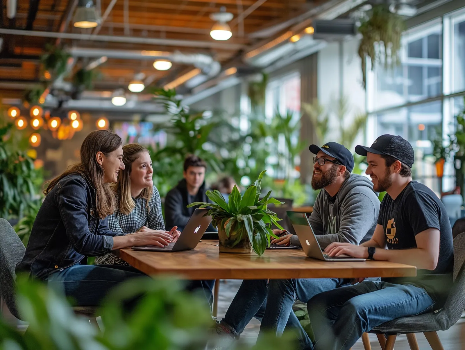 The studio team talking around a long table in a plant-filled workspace