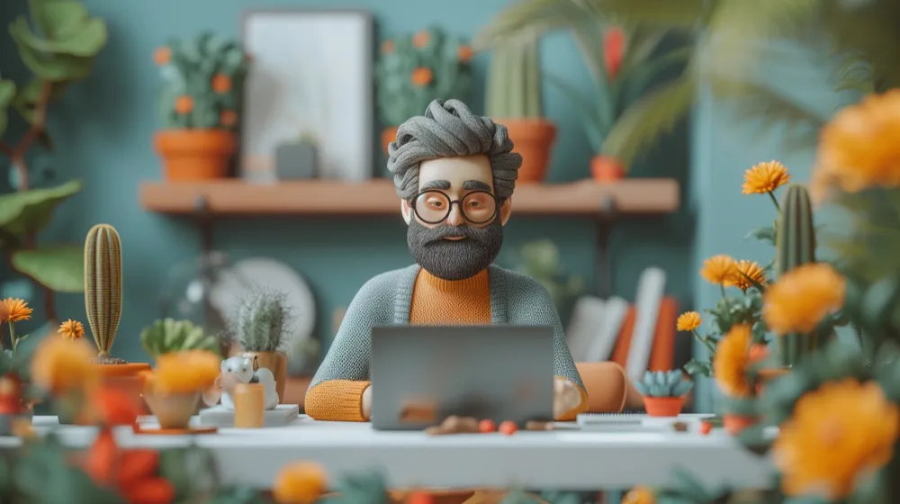 An illustrated older man in glasses working at a laptop.