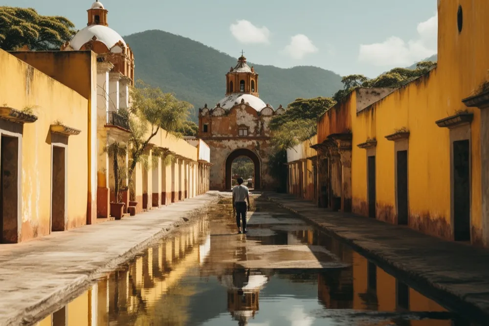 A figure walking a rain-washed colonial street towards a stone arch.
