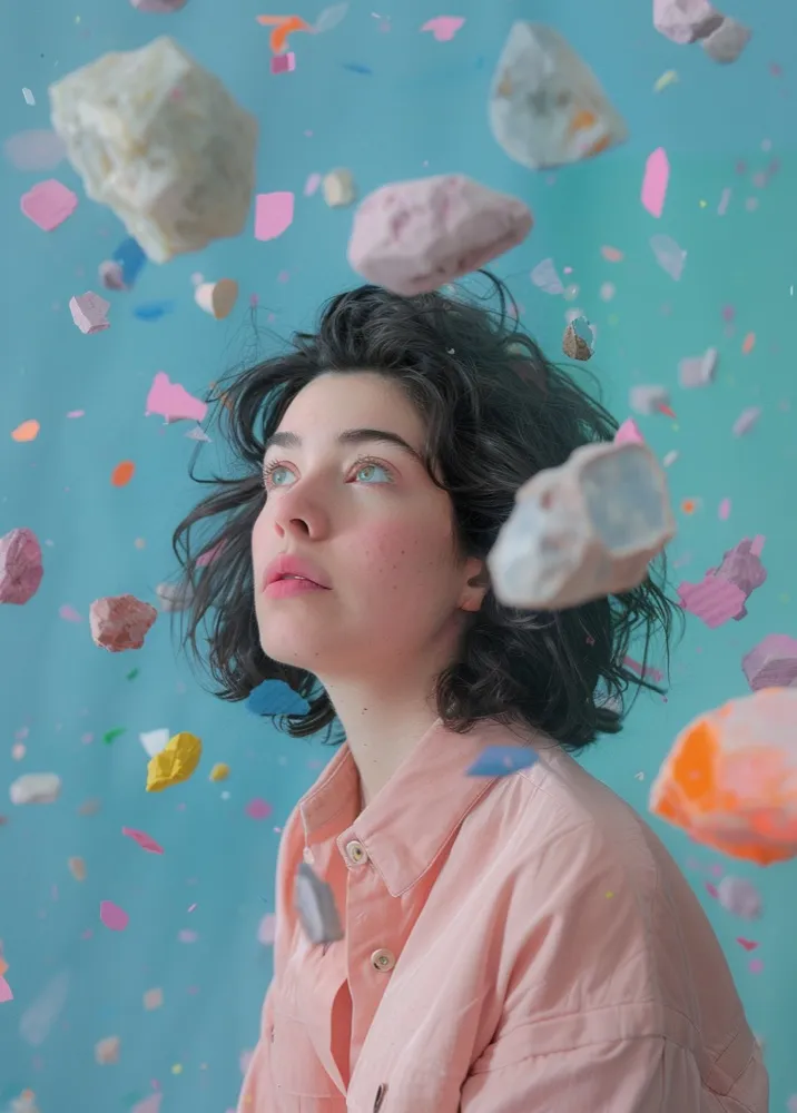 A woman looking up as pastel rocks float around her.